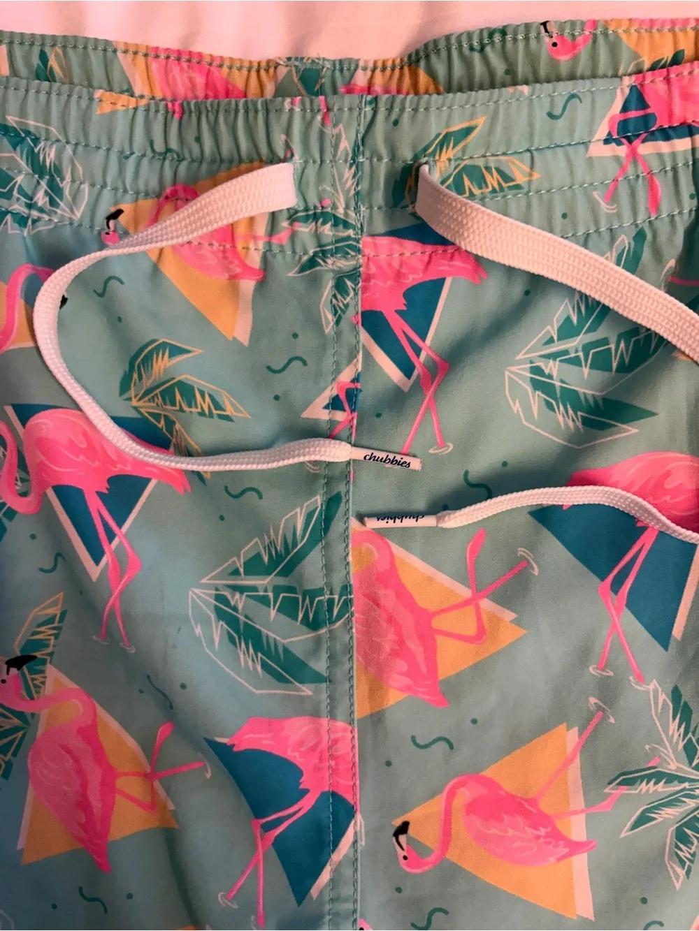 chubbies Aqua Swim Trunks with Pink Flamingo Print